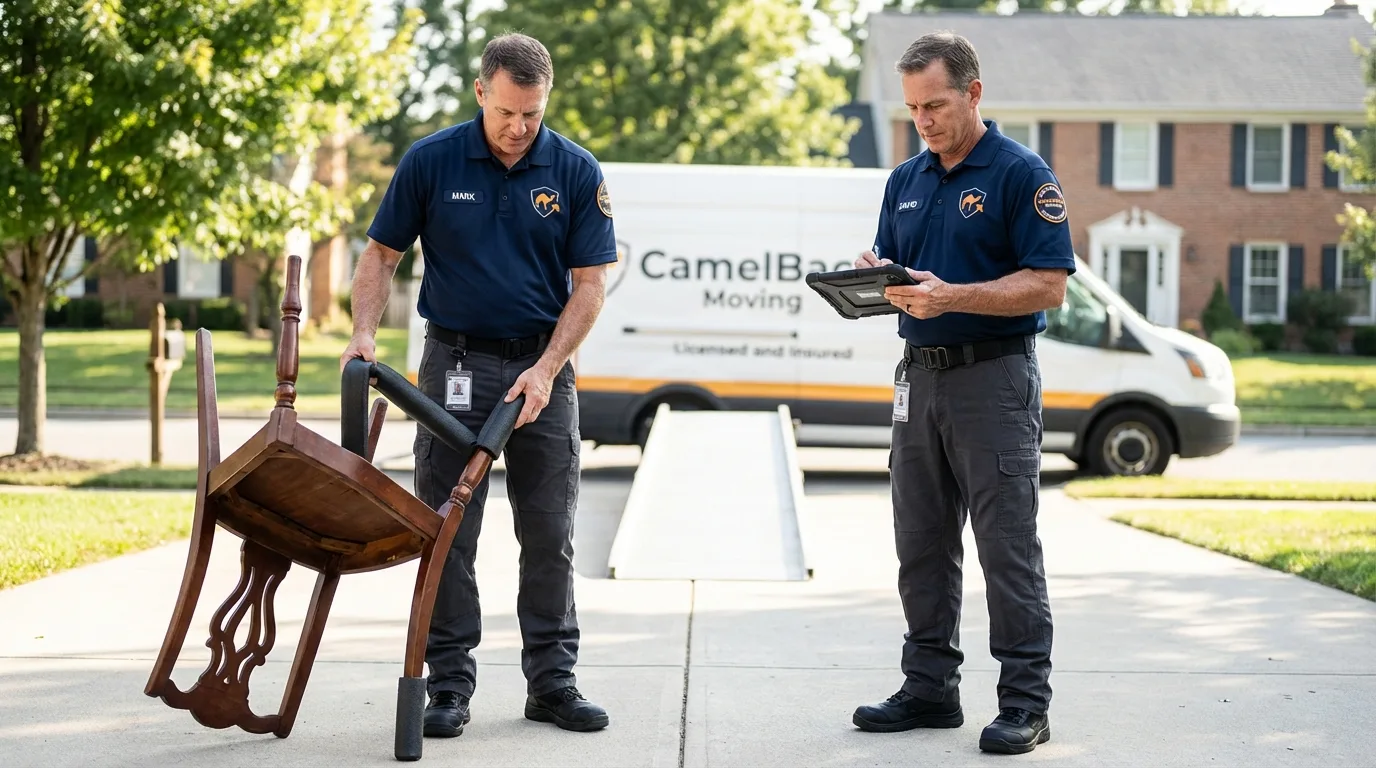 Movers inspecting furniture for damage prevention before loading in Windber, PA
